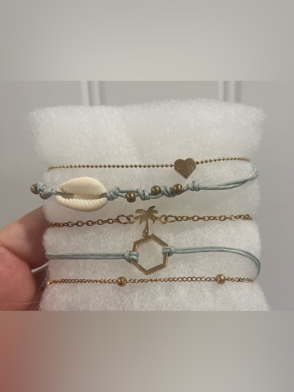 Gold Tone Layered Beach Charm Anklet Set - Shell, Heart, Palm